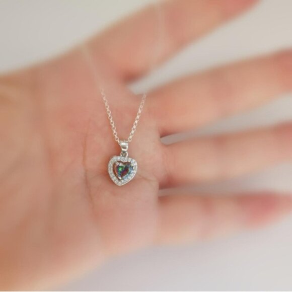 🆕 Mystic Topaz with Cz Halo pendant Necklace in Sterling Silver Heart - Picture 4 of 7